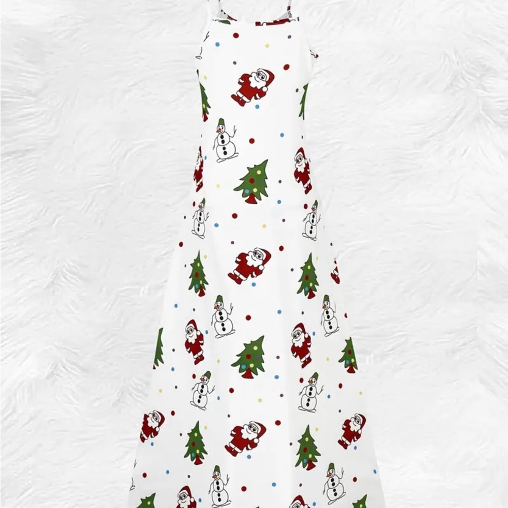 Festive White Dress with Santa and Snowman Print